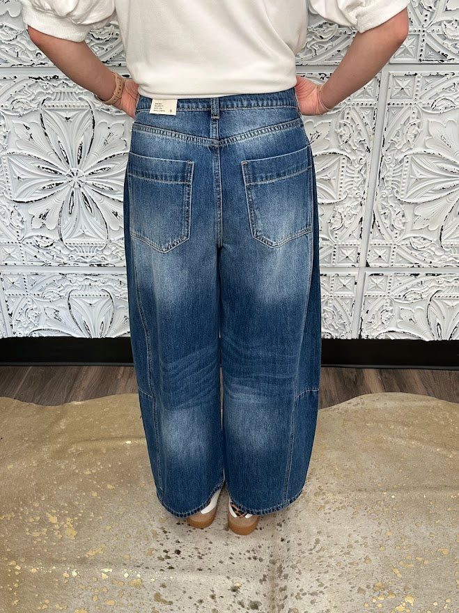 barrel jeans, mid rise denim, wide leg tapered jeans, rigid denim, trendy boutique jeans, relaxed fit denim, slouchy jeans