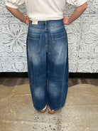 barrel jeans, mid rise denim, wide leg tapered jeans, rigid denim, trendy boutique jeans, relaxed fit denim, slouchy jeans