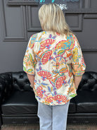 paisley print blouse, colorful paisley top, cream paisley blouse, boutique printed blouse, vibrant women’s blouse, rayon paisley shirt