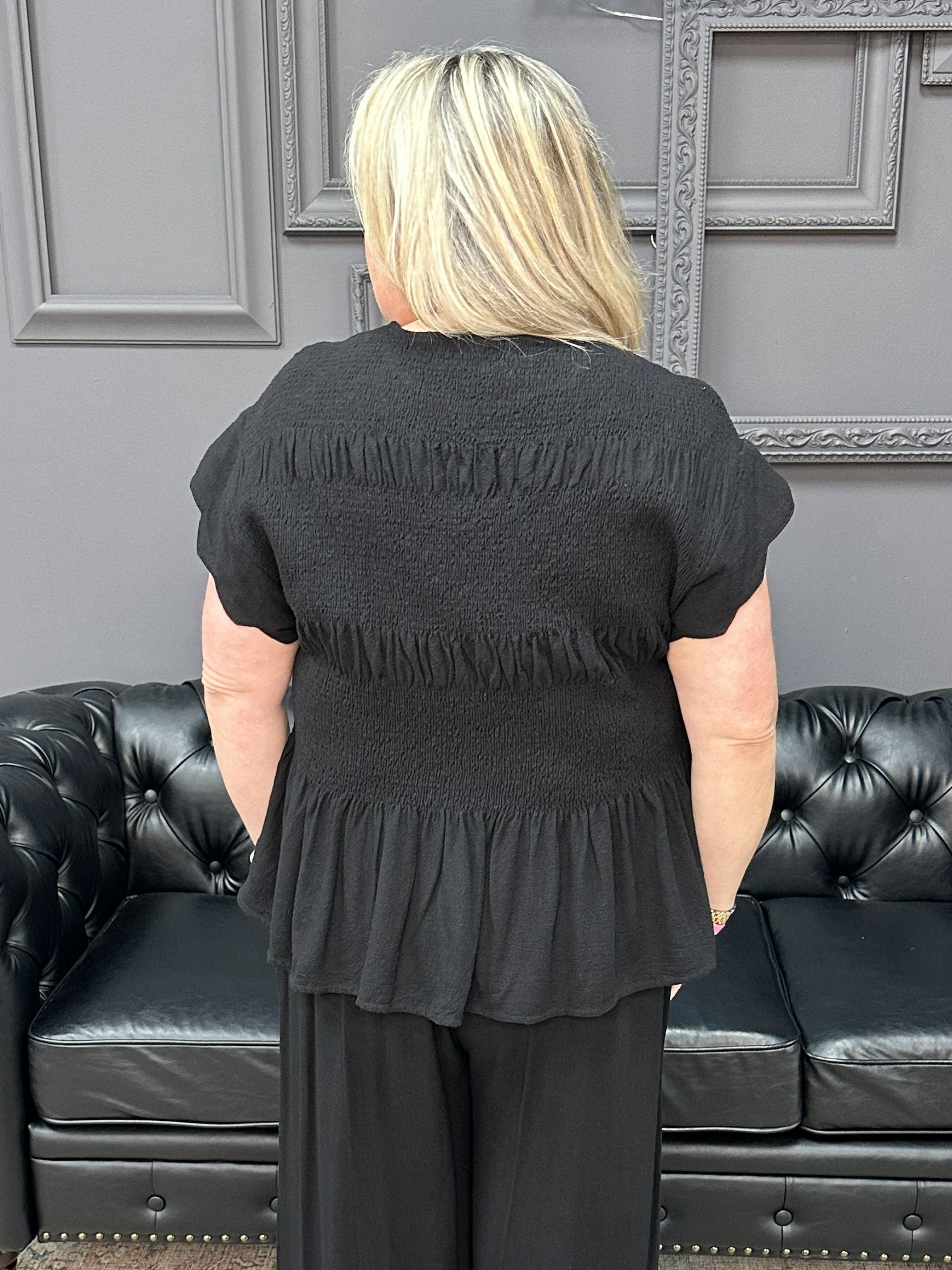 linen smocked peplum top, black linen blouse, scallop sleeve blouse, linen blend peplum top, boutique matching set top, summer linen blouse