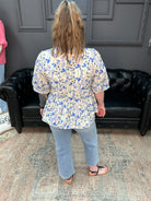 blue floral blouse, peplum floral top, contrast trim blouse, womens spring tops, lightweight woven blouse, feminine boutique tops