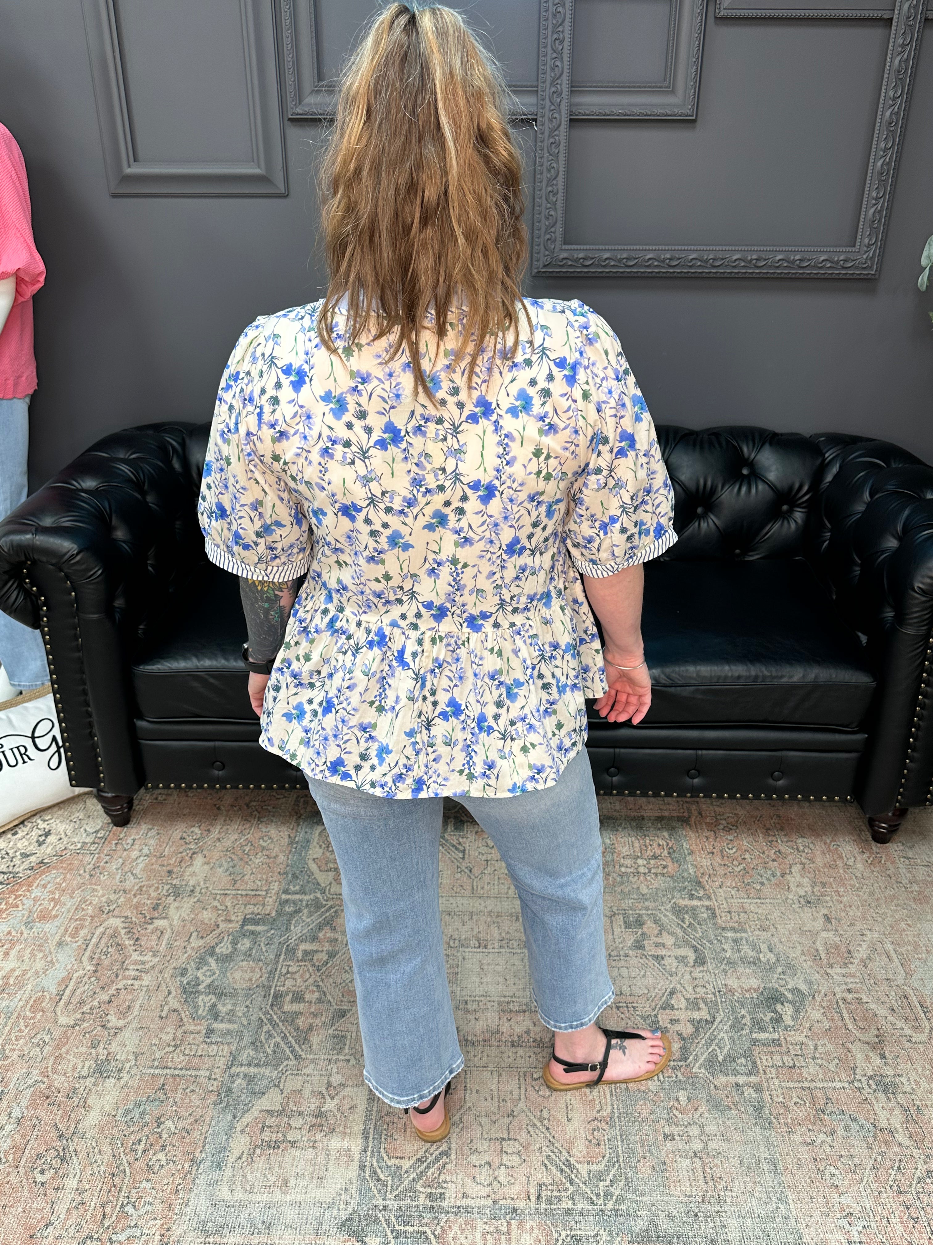 blue floral blouse, peplum floral top, contrast trim blouse, womens spring tops, lightweight woven blouse, feminine boutique tops