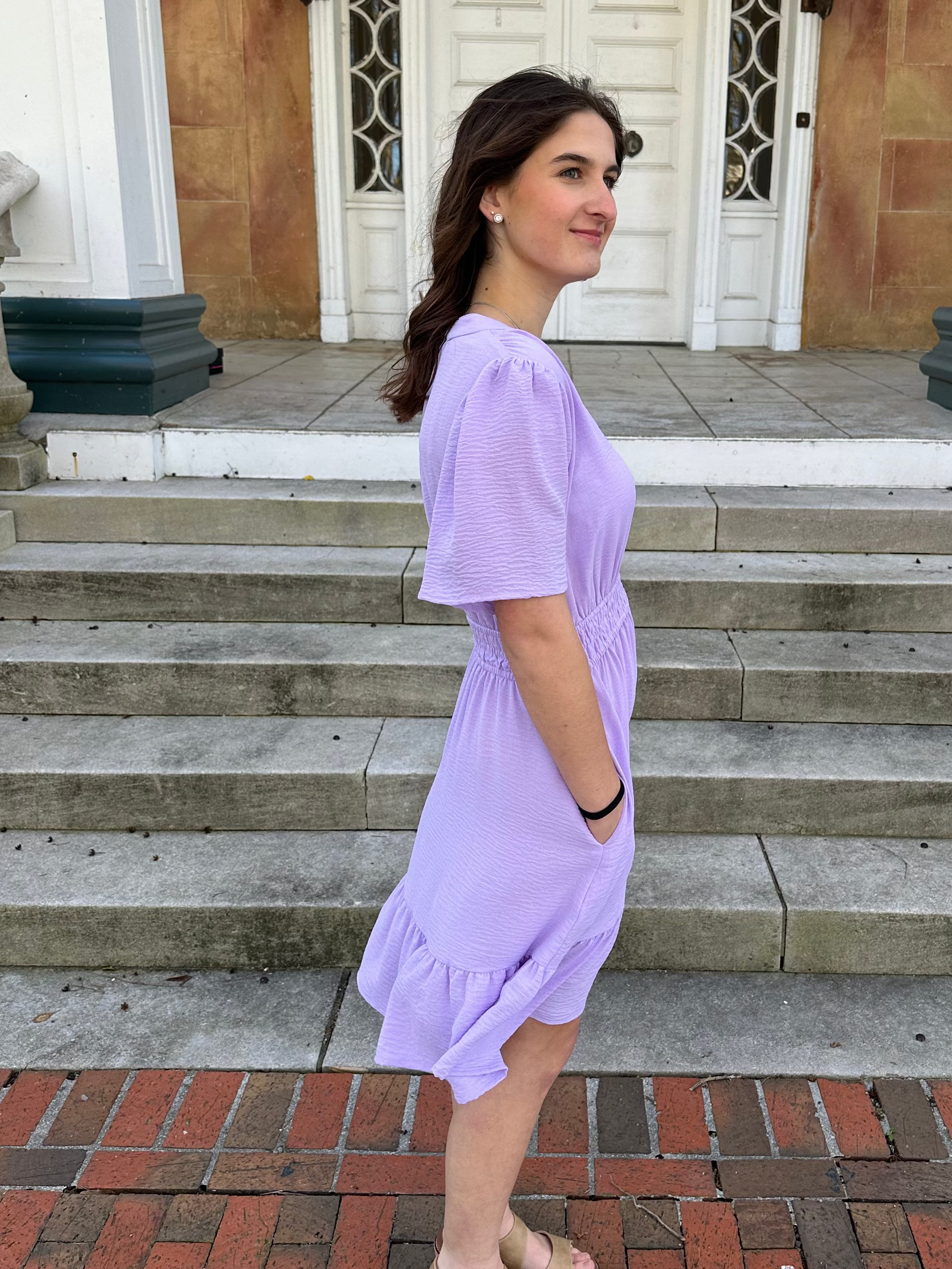 lavender mini dress, bell sleeve dress, casual spring dress, lightweight mini dress, dresses with pockets, pastel boutique dress, flowy everyday dress