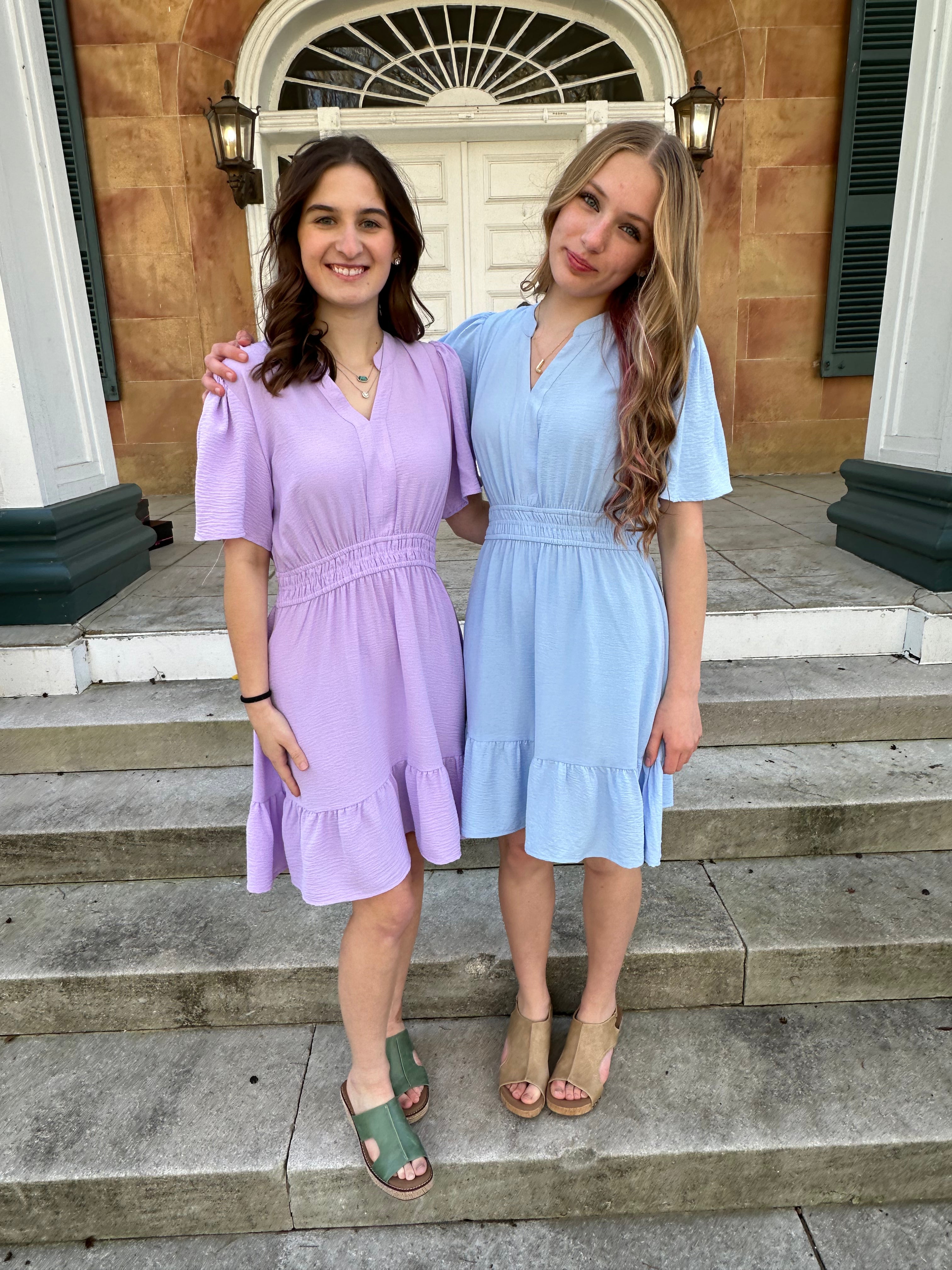 lavender mini dress, bell sleeve dress, casual spring dress, lightweight mini dress, dresses with pockets, pastel boutique dress, flowy everyday dress