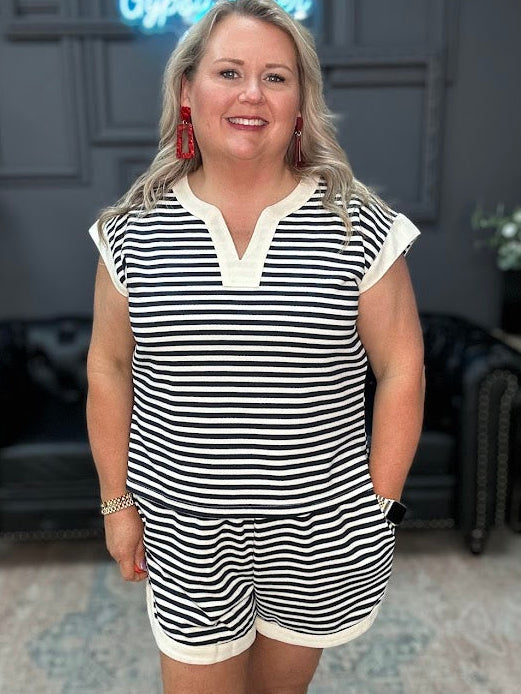 striped lounge shorts women, matching set shorts, comfy casual shorts, boutique lounge wear, relaxed fit striped shorts