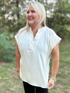 Ivory V-Neck Shirred Shoulder Blouse