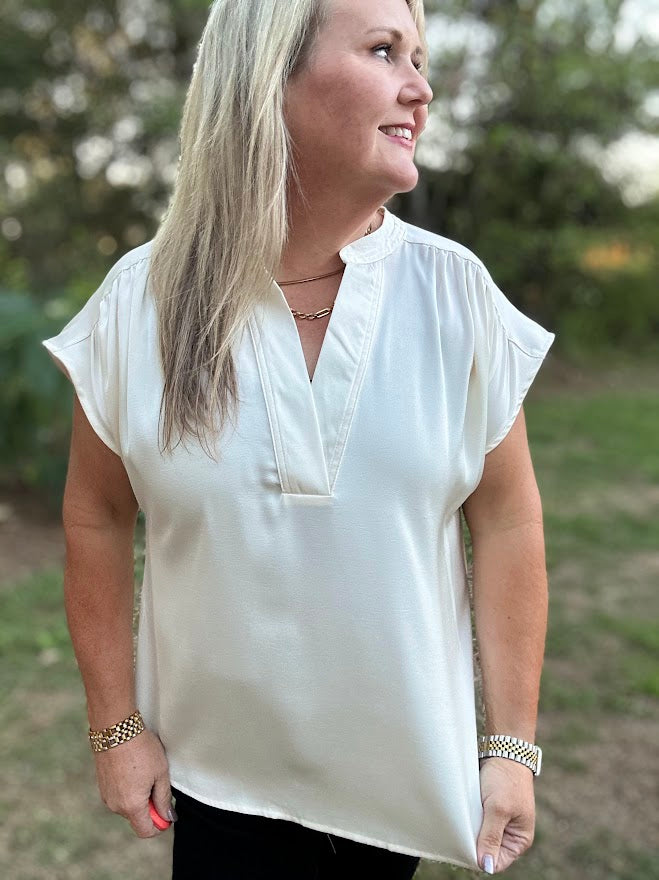 Ivory V-Neck Shirred Shoulder Blouse