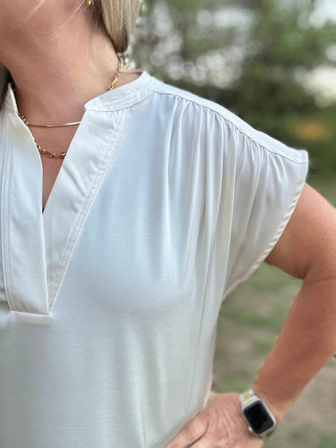 Ivory V-Neck Shirred Shoulder Blouse