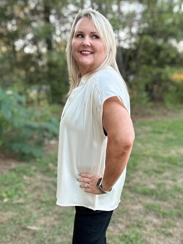 Ivory V-Neck Shirred Shoulder Blouse