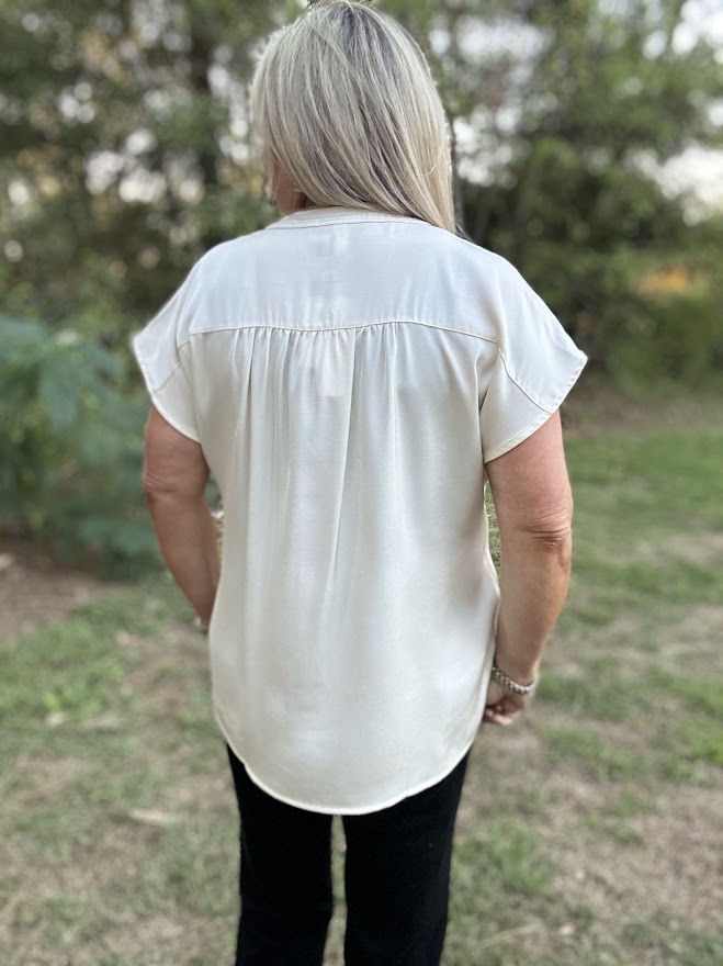 Ivory V-Neck Shirred Shoulder Blouse