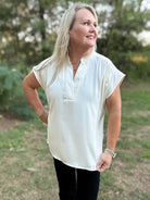 Ivory V-Neck Shirred Shoulder Blouse