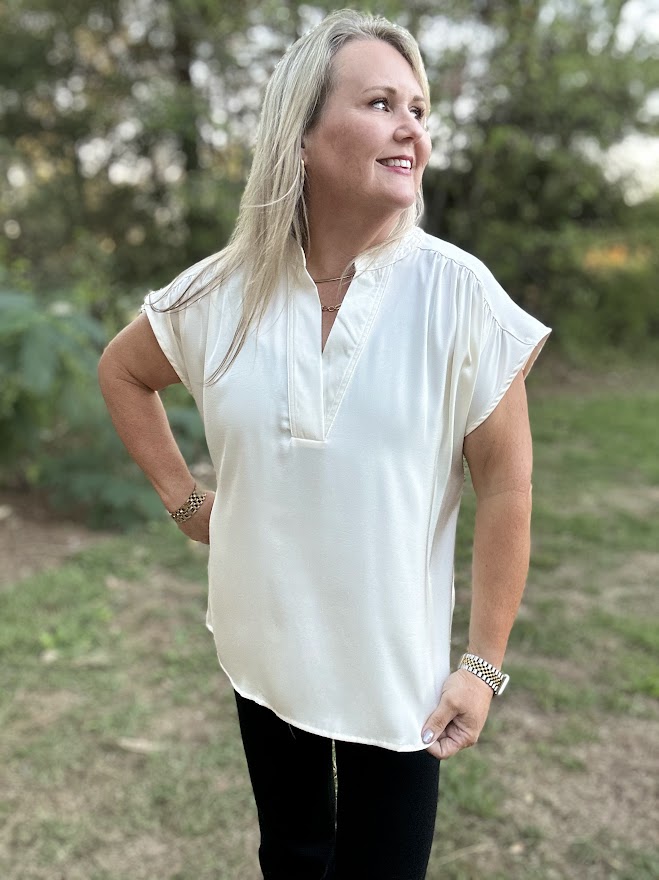 Ivory V-Neck Shirred Shoulder Blouse