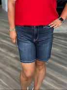Judy Blue shorts, high rise bermuda shorts, women’s denim bermudas, stretchy jean shorts, modest length shorts, boutique denim shorts, flap pocket shorts
