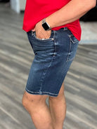 Judy Blue shorts, high rise bermuda shorts, women’s denim bermudas, stretchy jean shorts, modest length shorts, boutique denim shorts, flap pocket shorts