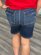 Judy Blue shorts, high rise bermuda shorts, women’s denim bermudas, stretchy jean shorts, modest length shorts, boutique denim shorts, flap pocket shorts