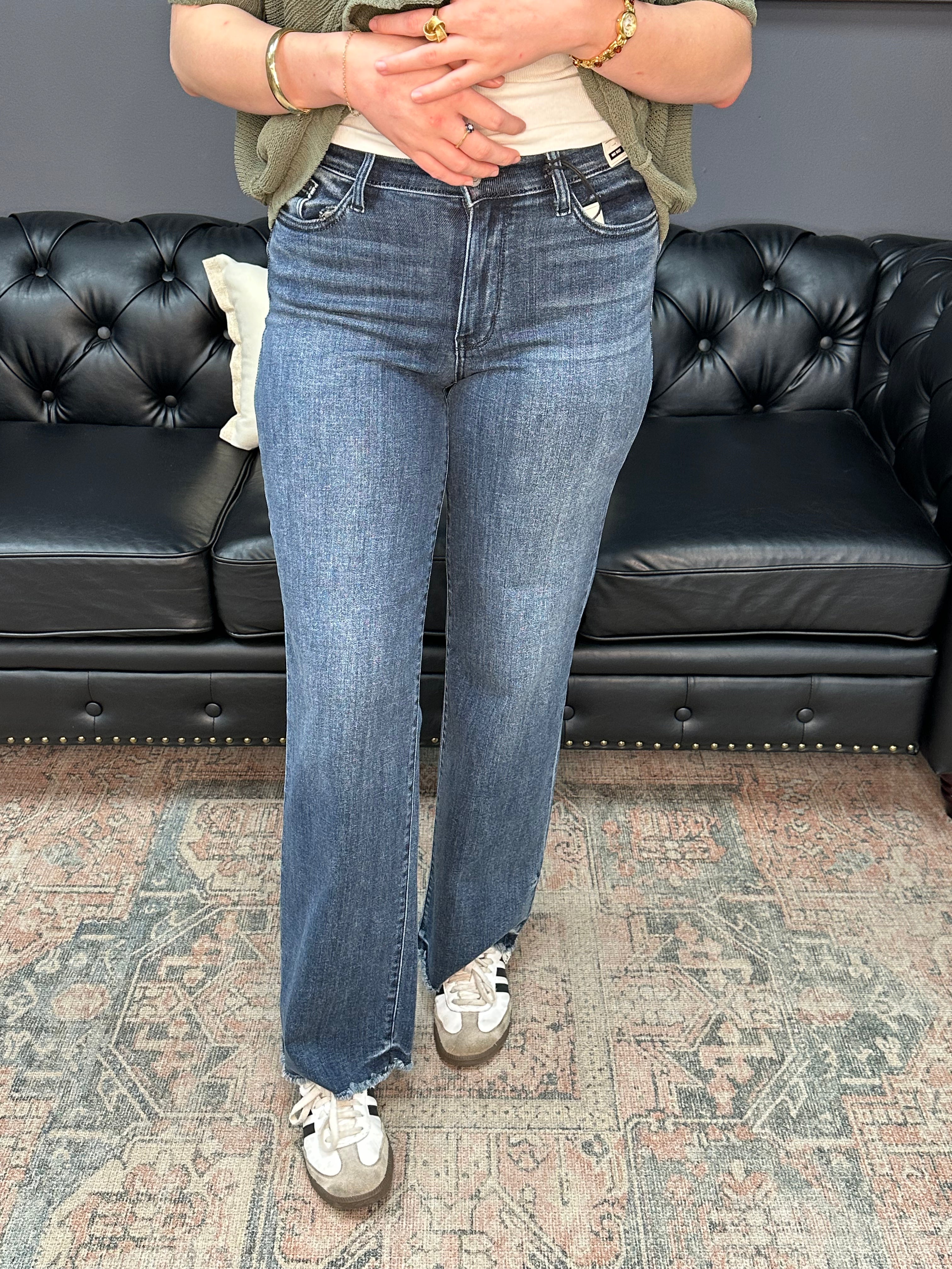 Judy Blue Mid Rise Wide Leg Jeans with tint finish and raw hem, 32 ½ inch inseam