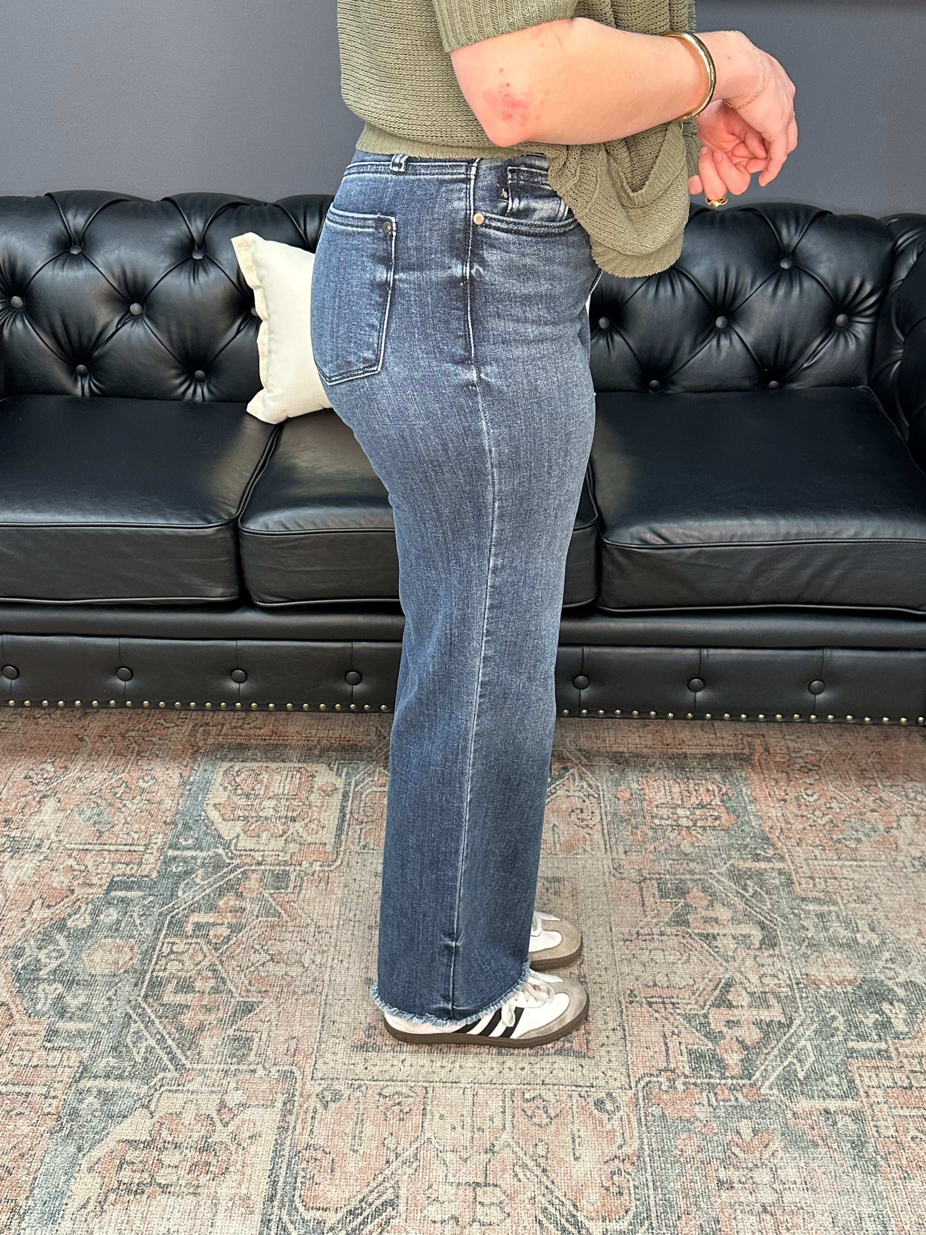 Judy Blue Mid Rise Wide Leg Jeans with tint finish and raw hem, 32 ½ inch inseam