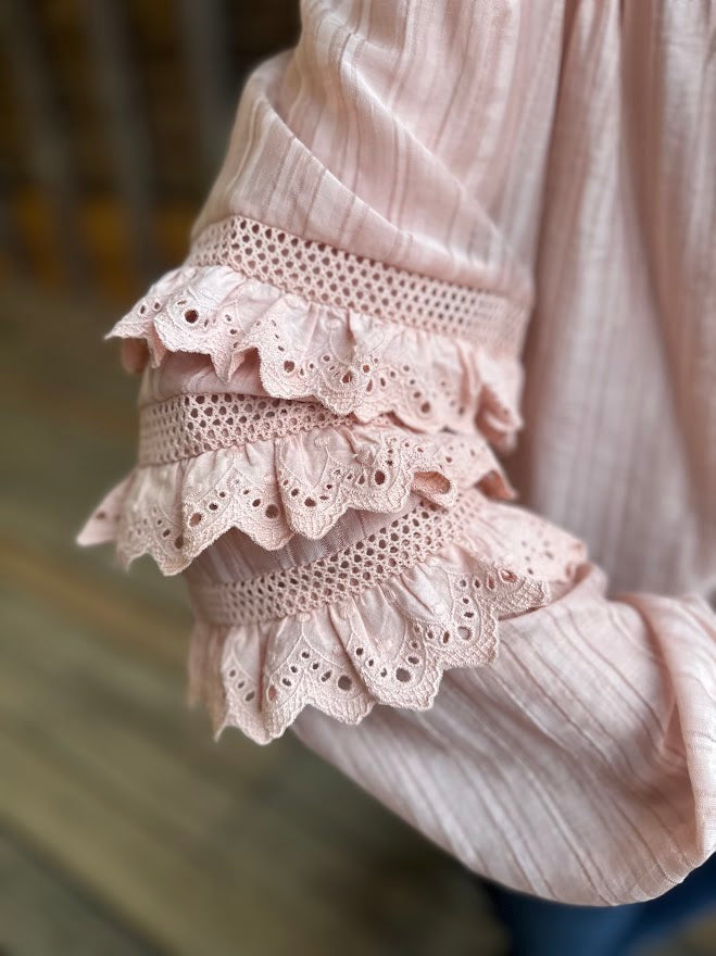 Lace Ruffle Sleeve Pintuck Blouse
