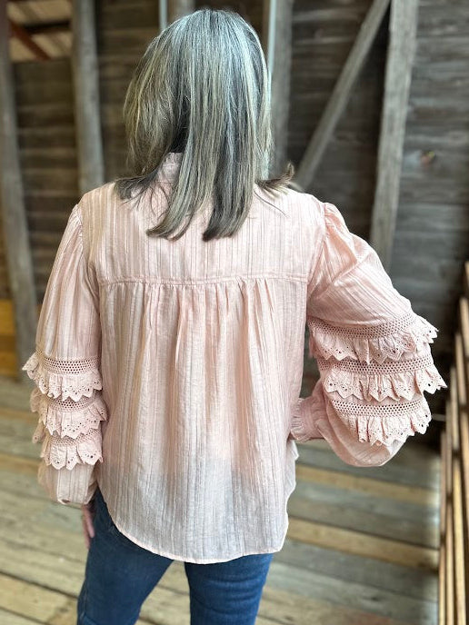 Lace Ruffle Sleeve Pintuck Blouse