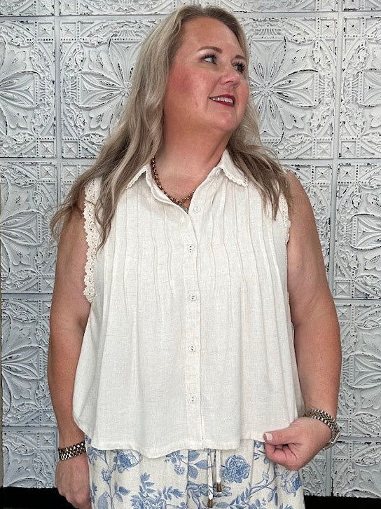 Lace Trim Pintuck Sleeveless Button Front Top