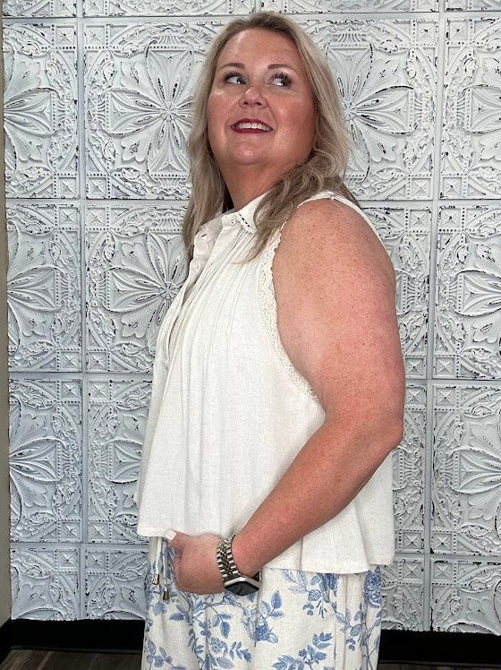 Lace Trim Pintuck Sleeveless Button Front Top