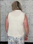 Lace Trim Pintuck Sleeveless Button Front Top