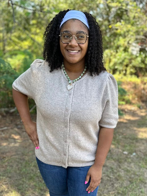 Latte Short Sleeve Button Down Cardigan