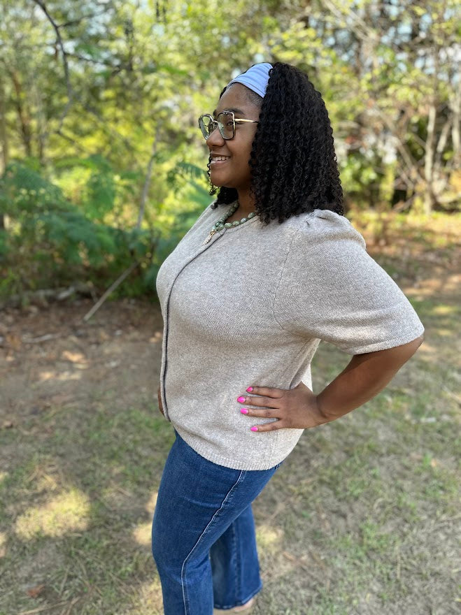 Latte Short Sleeve Button Down Cardigan