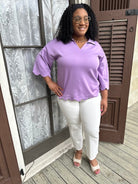 curvy v neck top, scalloped hem top, 3/4 sleeve women’s top, stretchy everyday top, curvy casual blouse
