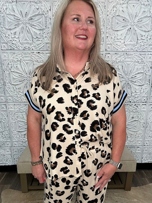 Leopard Print Contrast Band Button Down Top