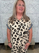 Leopard Print Contrast Band Button Down Top