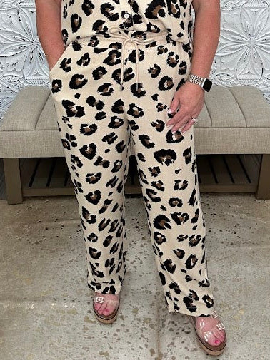Leopard Print Drawstring Wide Leg Pants