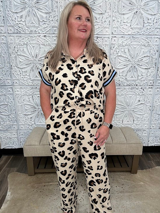 Leopard Print Drawstring Wide Leg Pants