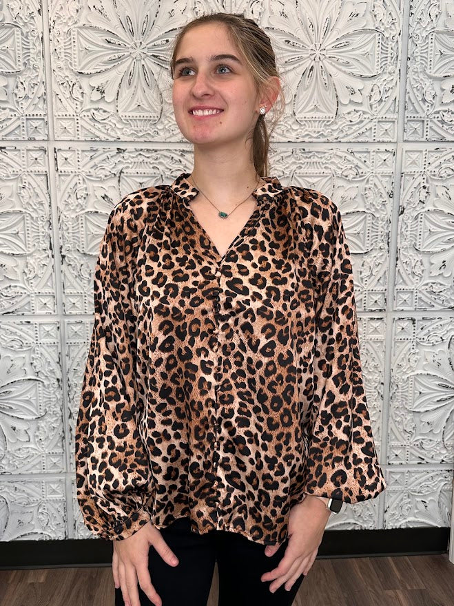 Leopard Print Satin Button Front Blouse