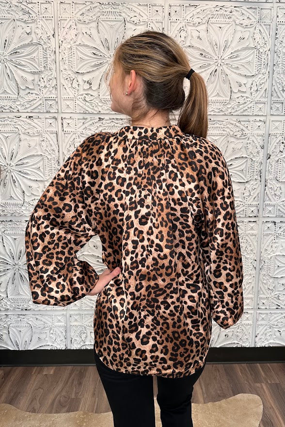 Leopard Print Satin Button Front Blouse