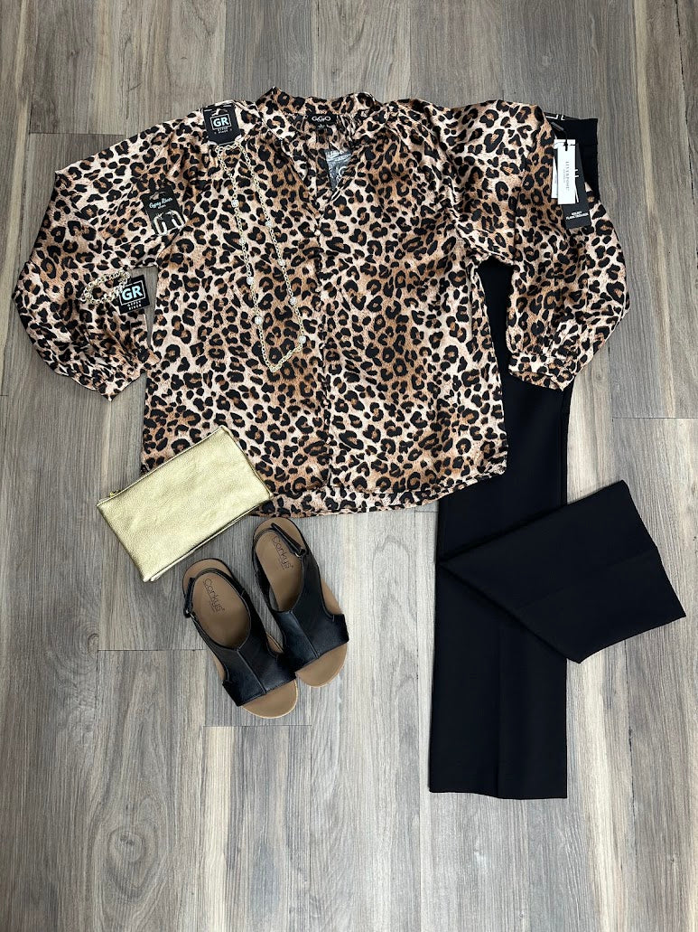 Leopard Print Satin Button Front Blouse