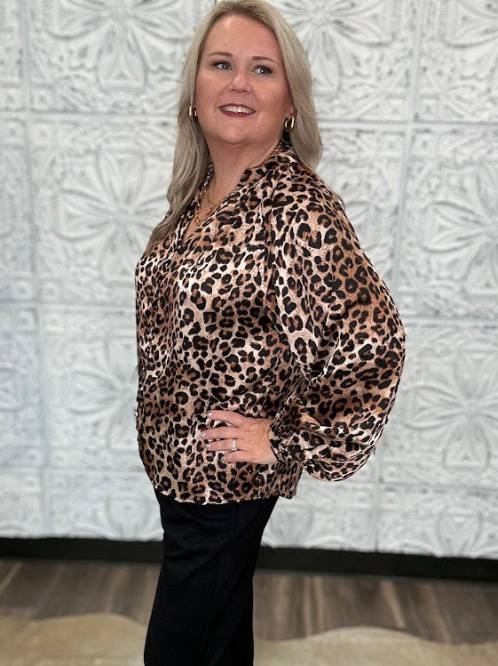 Leopard Print Satin Button Front Blouse