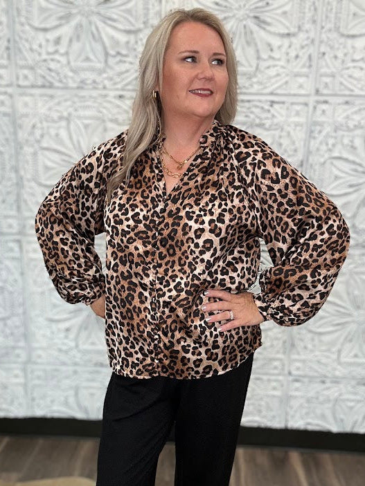 Leopard Print Satin Button Front Blouse