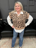 leopard sweater vest, v-neck sweater vest, knit vest top, animal print vest, wool blend vest, layering vest women, fall sweater vest, Gypsy River top, leopard knit top