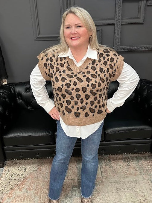 leopard sweater vest, v-neck sweater vest, knit vest top, animal print vest, wool blend vest, layering vest women, fall sweater vest, Gypsy River top, leopard knit top