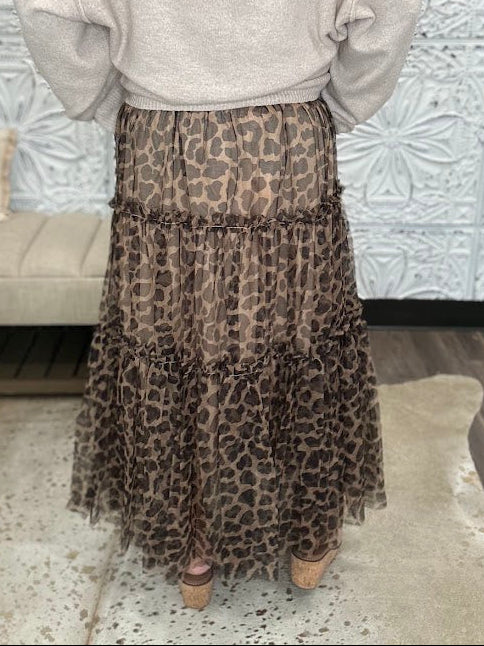 Leopard Print Tiered Tulle Midi Skirt