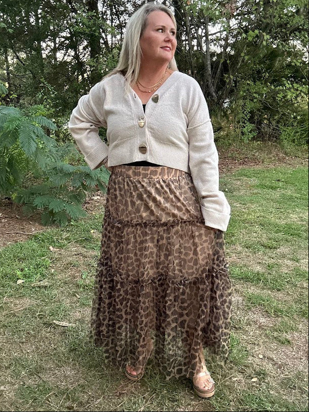 Leopard Print Tiered Tulle Midi Skirt