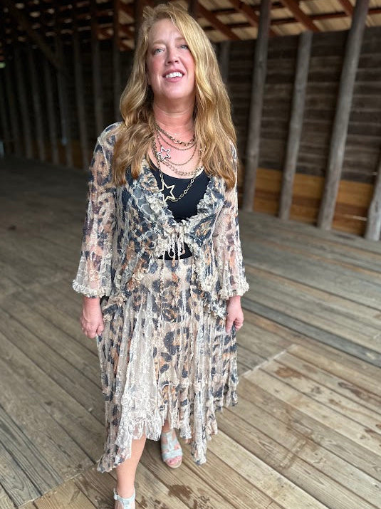 Leopard Sparkle Lace Tie-Front Cardigan