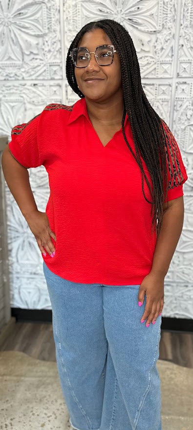 Leopard Trim Collared Split Neck Top