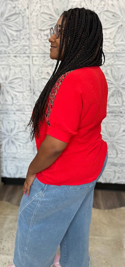 Leopard Trim Collared Split Neck Top