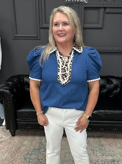 denim puff sleeve top, leopard trim blouse, scallop trim denim top, boutique cotton blouse, statement sleeve top