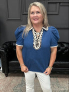 denim puff sleeve top, leopard trim blouse, scallop trim denim top, boutique cotton blouse, statement sleeve top