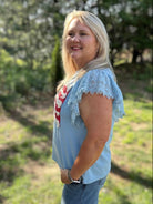 Light Blue American Flag Lace Sleeve Washed Tee