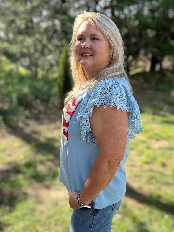 Light Blue American Flag Lace Sleeve Washed Tee