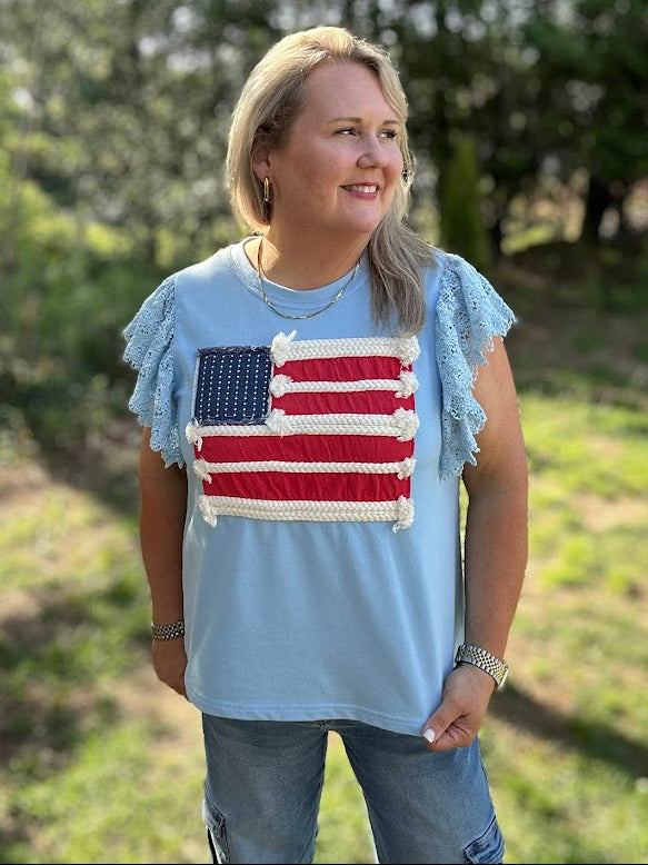 Light Blue American Flag Lace Sleeve Washed Tee